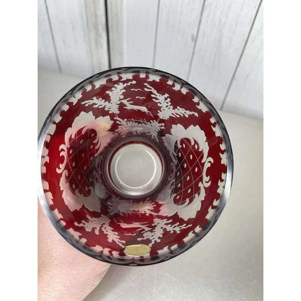 Antique Bohemian glass Vase Ruby red Etched glass Deer Castle Vintage